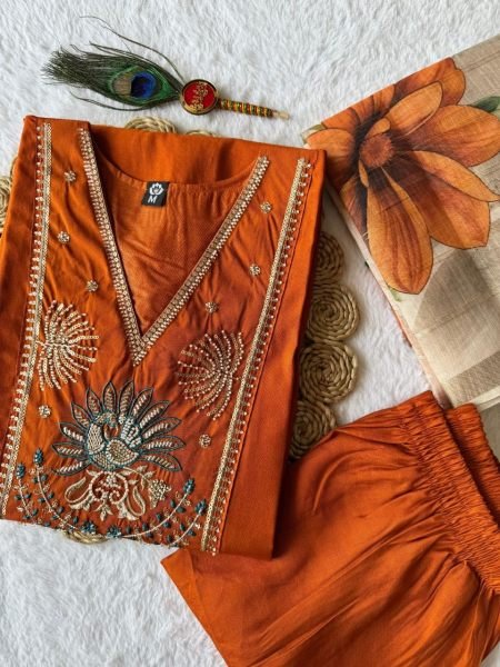 Luxurious Orange Roman Silk Suit Set with Beads and Moti Work for Festive Wear  Straight Cut Long Kurtis