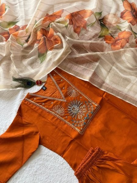 Luxurious Orange Roman Silk Suit Set with Beads and Moti Work for Festive Wear  Straight Cut Long Kurtis