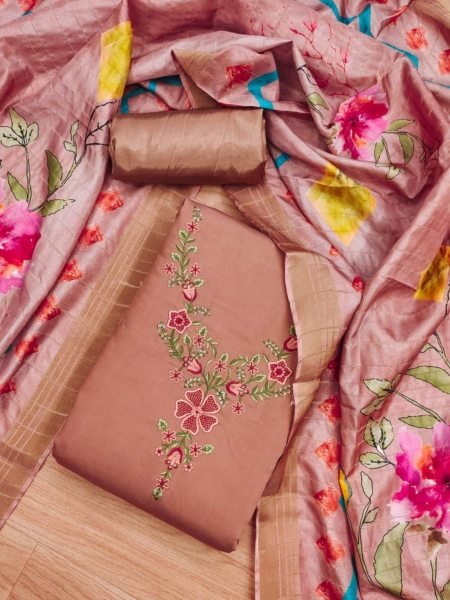 Luxurious Peach Color Roman Silk dress materials Collection with Maslin Digital Print Dupatta