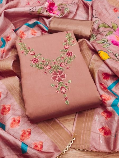Luxurious Peach Color Roman Silk dress materials Collection with Maslin Digital Print Dupatta Color Set Matching Dress Material Wholesale