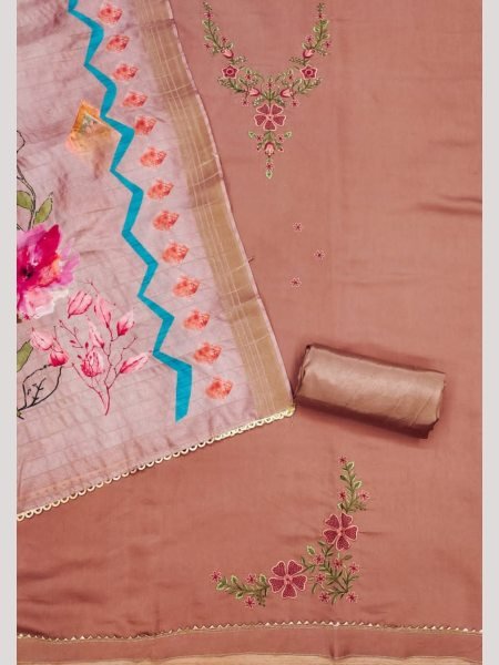 Luxurious Peach Color Roman Silk dress materials Collection with Maslin Digital Print Dupatta Color Set Matching Dress Material Wholesale