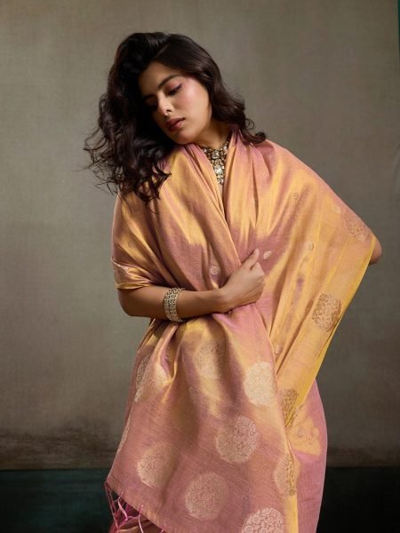 Luxurious Peach Festive Wear Zari Tissue Silk Saree with Designer Blouse at Factory Price Silk Sarees Wholesale
