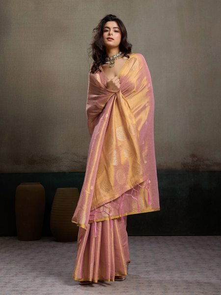 Luxurious Peach Festive Wear Zari Tissue Silk Saree with Designer Blouse at Factory Price Silk Sarees Wholesale