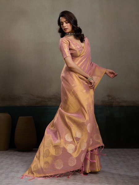 Luxurious Peach Festive Wear Zari Tissue Silk Saree with Designer Blouse at Factory Price Silk Sarees Wholesale
