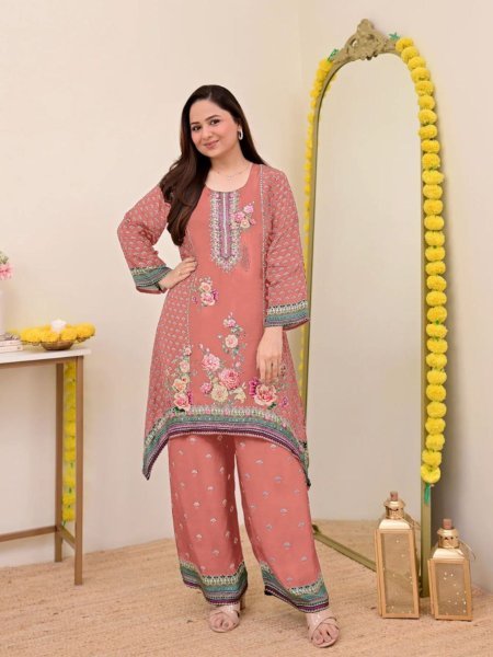 Luxurious Peach Lightweight Maslin Digital Print Co-Ord Set with Mirror Work at Wholesale CO ORD Sets