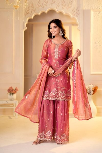 Luxurious Peach Party Wear Fendy Silk Sharara Set with Sequin and Multi Embroidery Ready To Wear Collection