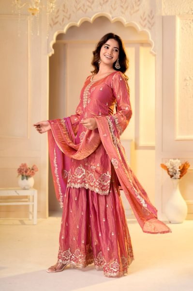 Luxurious Peach Party Wear Fendy Silk Sharara Set with Sequin and Multi Embroidery Ready To Wear Collection