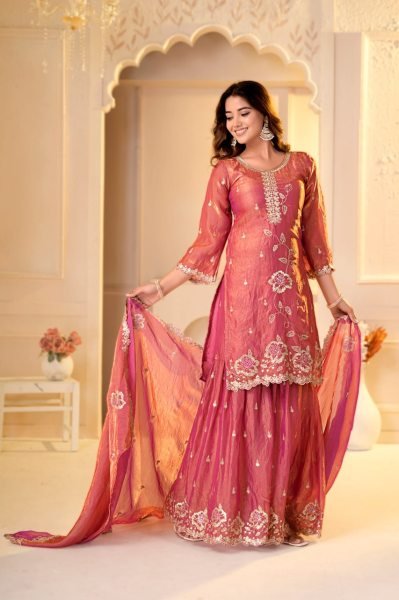 Luxurious Peach Party Wear Fendy Silk Sharara Set with Sequin and Multi Embroidery Ready To Wear Collection