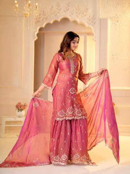 Luxurious Peach Party Wear Fendy Silk Sharara Set with Sequin and Multi Embroidery Ready To Wear Collection
