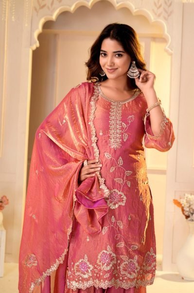 Luxurious Peach Party Wear Fendy Silk Sharara Set with Sequin and Multi Embroidery Ready To Wear Collection