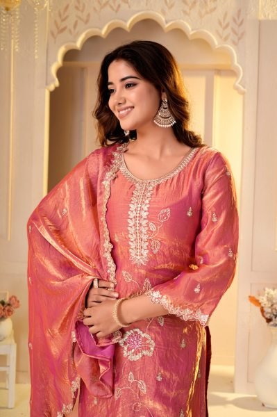 Luxurious Peach Party Wear Fendy Silk Sharara Set with Sequin and Multi Embroidery Ready To Wear Collection