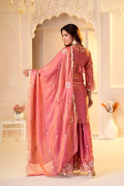 Luxurious Peach Party Wear Fendy Silk Sharara Set with Sequin and Multi Embroidery Ready To Wear Collection