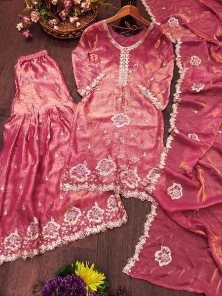 Luxurious Peach Party Wear Fendy Silk Sharara Set with Sequin and Multi Embroidery Ready To Wear Collection