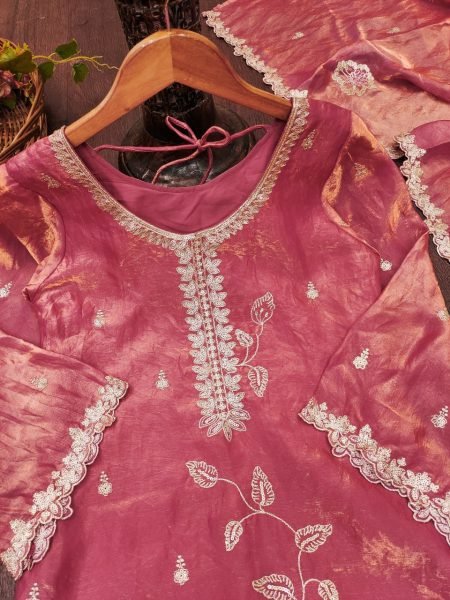 Luxurious Peach Party Wear Fendy Silk Sharara Set with Sequin and Multi Embroidery Ready To Wear Collection
