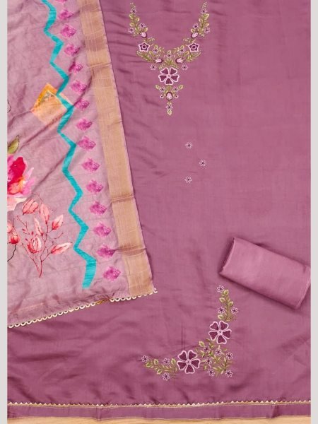 Luxurious Pink Color Roman Silk dress materials Collection with Maslin Digital Print Dupatta Color Set Matching Dress Material Wholesale