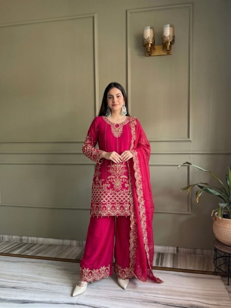 Luxurious Pink Designer Faux Georgette Palazzo Suit with Sequins Embroidery Work Ready To Wear Suit
