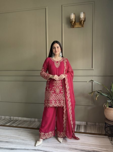 Luxurious Pink Designer Faux Georgette Palazzo Suit with Sequins Embroidery Work Ready To Wear Collection