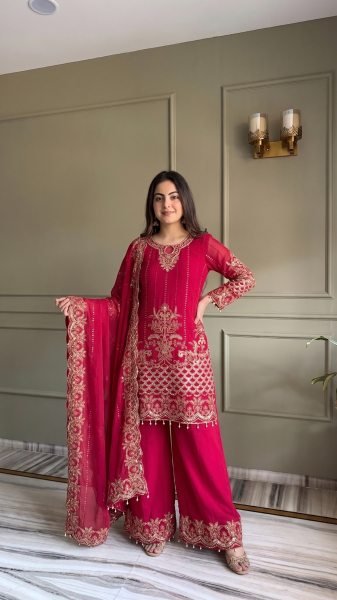Luxurious Pink Designer Faux Georgette Palazzo Suit with Sequins Embroidery Work Ready To Wear Collection