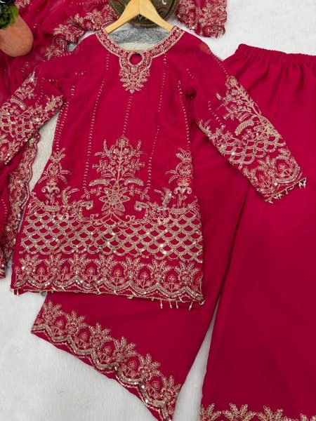Luxurious Pink Designer Faux Georgette Palazzo Suit with Sequins Embroidery Work Ready To Wear Collection