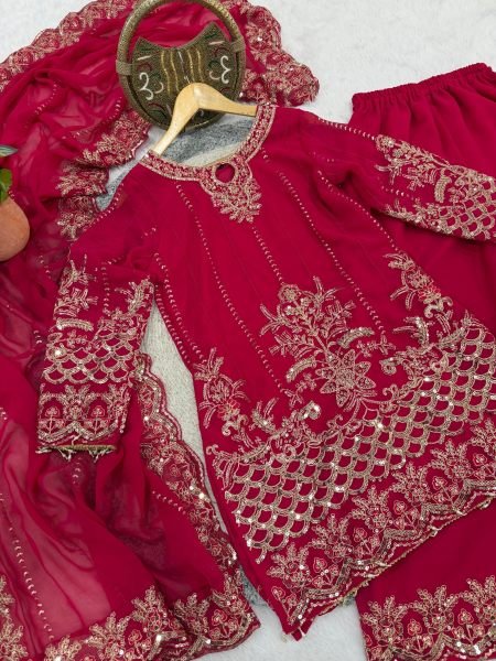 Luxurious Pink Designer Faux Georgette Palazzo Suit with Sequins Embroidery Work Ready To Wear Collection
