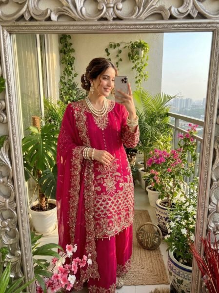 Luxurious Pink Designer Faux Georgette Palazzo Suit with Sequins Embroidery Work Ready To Wear Collection