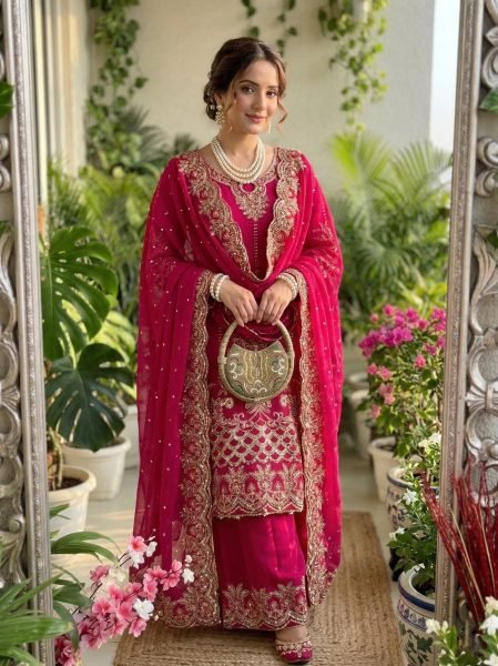 Luxurious Pink Designer Faux Georgette Palazzo Suit with Sequins Embroidery Work Ready To Wear Collection