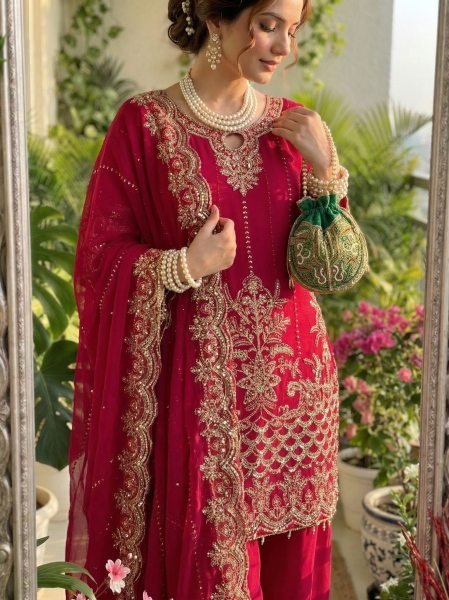 Luxurious Pink Designer Faux Georgette Palazzo Suit with Sequins Embroidery Work Ready To Wear Collection