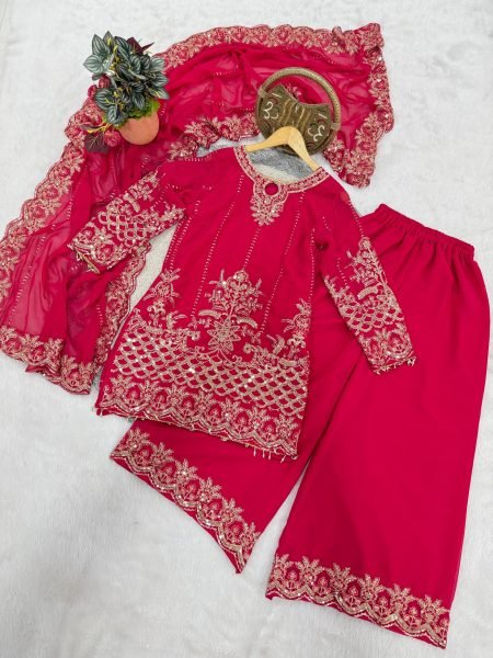 Luxurious Pink Designer Faux Georgette Palazzo Suit with Sequins Embroidery Work Ready To Wear Collection