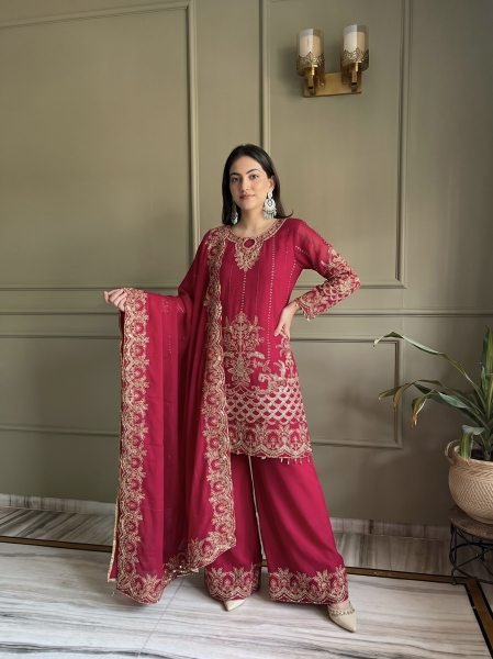 Luxurious Pink Designer Faux Georgette Palazzo Suit with Sequins Embroidery Work Ready To Wear Collection