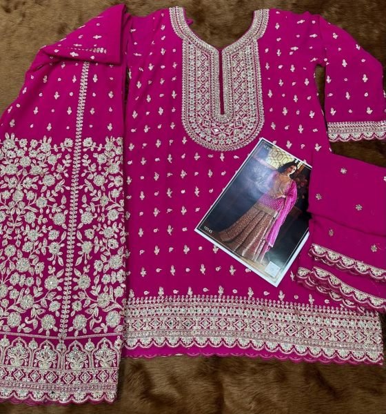 Luxurious Pink Georgette Suit Set with Diamond Embroidery Work for Women Designer Plazzo Salwar Suits Wholesale