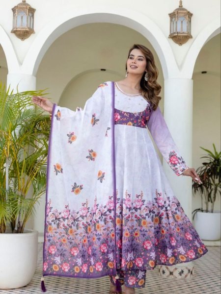 Luxurious Purple Chanderi Gown Palazzo Set with Digital Print and Hand Work Ready To Wear Suit