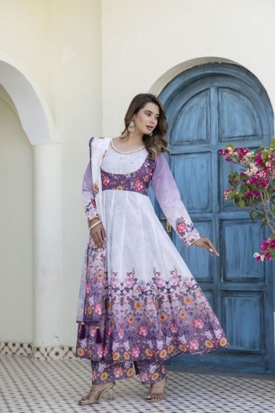 Luxurious Purple Chanderi Gown Palazzo Set with Digital Print and Hand Work Ready To Wear Collection