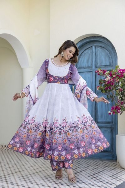 Luxurious Purple Chanderi Gown Palazzo Set with Digital Print and Hand Work Ready To Wear Collection