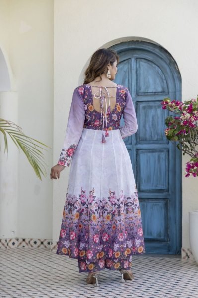 Luxurious Purple Chanderi Gown Palazzo Set with Digital Print and Hand Work Ready To Wear Collection