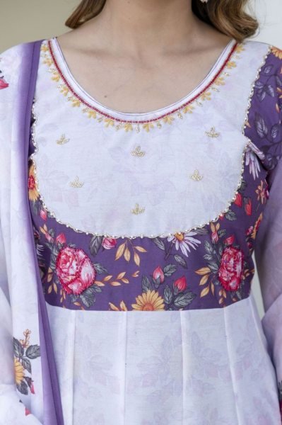 Luxurious Purple Chanderi Gown Palazzo Set with Digital Print and Hand Work Ready To Wear Collection