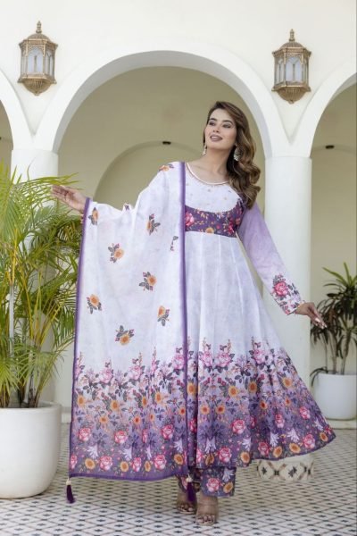 Luxurious Purple Chanderi Gown Palazzo Set with Digital Print and Hand Work Ready To Wear Collection