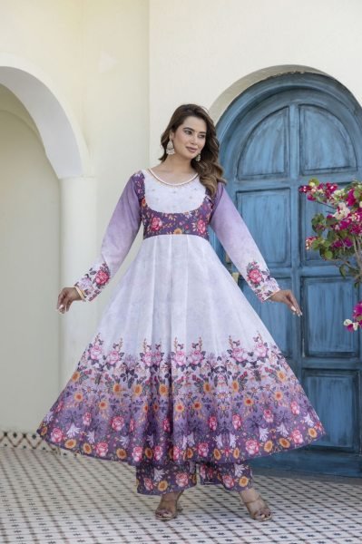 Luxurious Purple Chanderi Gown Palazzo Set with Digital Print and Hand Work Ready To Wear Collection