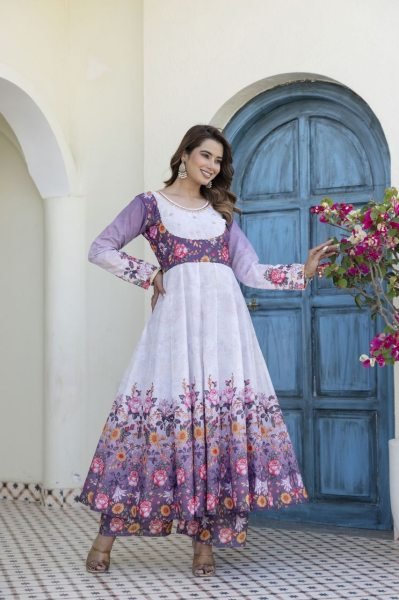 Luxurious Purple Chanderi Gown Palazzo Set with Digital Print and Hand Work Ready To Wear Collection
