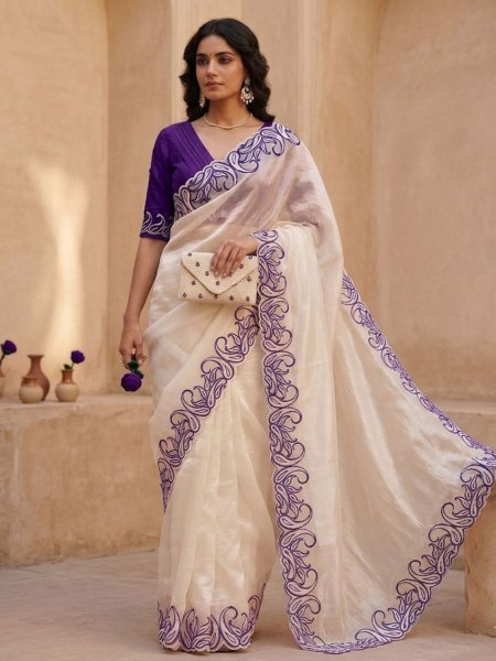 Luxurious Purple Crunchy Silk Saree with Cutwork Border for Ethnic Collection Sarees 