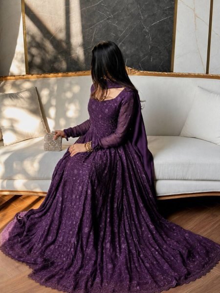 Designer Purple Georgette Silk Gown with Thread Embroidery and GPO Lace Border Ready To Wear Suit