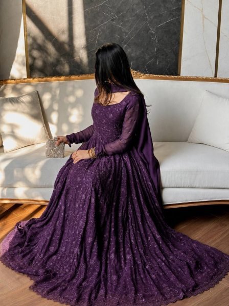 Designer Purple Georgette Silk Gown with Thread Embroidery and GPO Lace Border Ready To Wear Collection