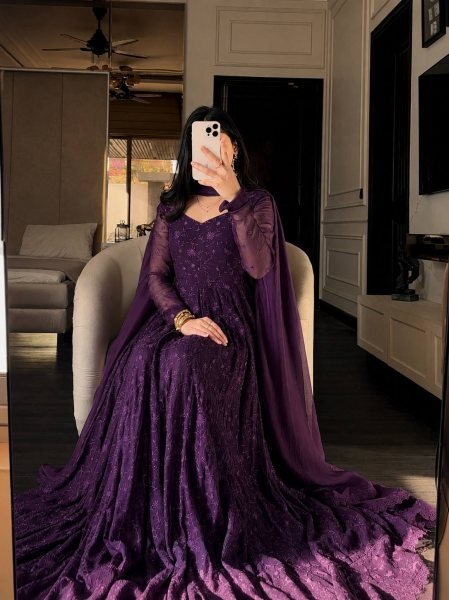 Designer Purple Georgette Silk Gown with Thread Embroidery and GPO Lace Border Ready To Wear Collection
