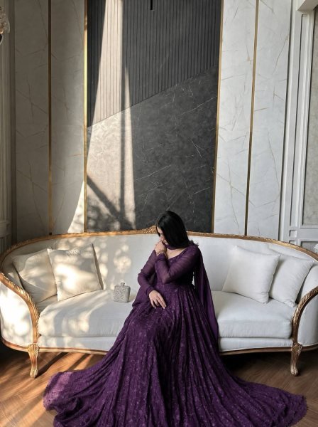 Designer Purple Georgette Silk Gown with Thread Embroidery and GPO Lace Border Ready To Wear Collection