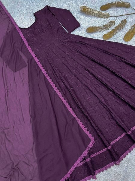 Designer Purple Georgette Silk Gown with Thread Embroidery and GPO Lace Border Ready To Wear Collection