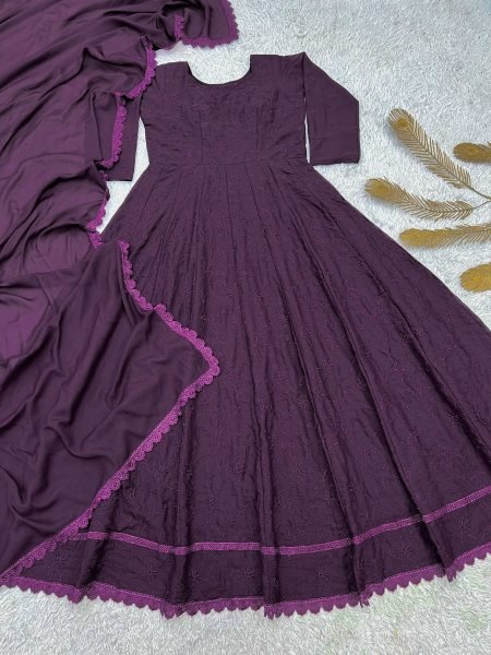 Designer Purple Georgette Silk Gown with Thread Embroidery and GPO Lace Border Ready To Wear Collection