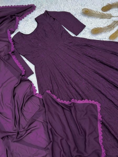 Designer Purple Georgette Silk Gown with Thread Embroidery and GPO Lace Border Ready To Wear Collection