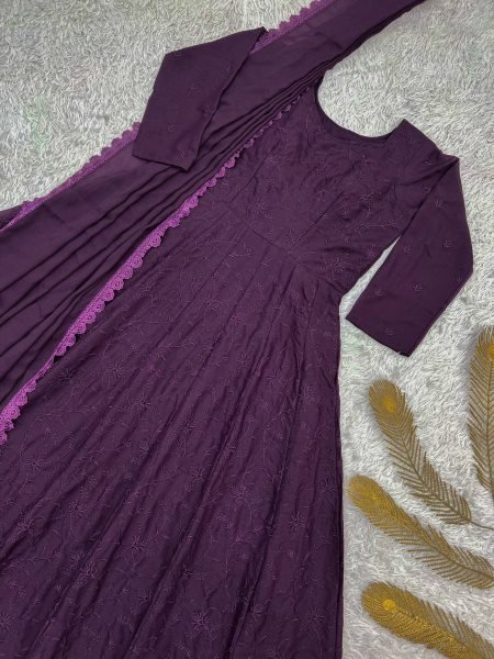 Designer Purple Georgette Silk Gown with Thread Embroidery and GPO Lace Border Ready To Wear Collection