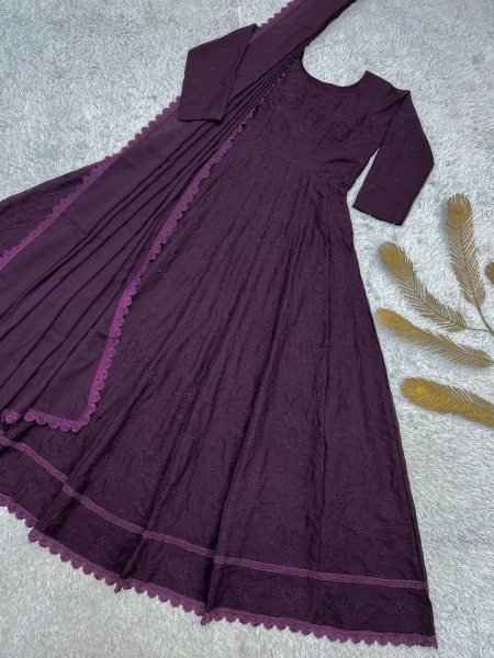 Designer Purple Georgette Silk Gown with Thread Embroidery and GPO Lace Border Ready To Wear Collection