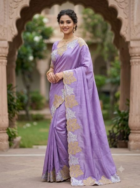 Luxurious Purple New Arrival Vichitra Silk Saree with Banglory Silk Blouse For Festive Wear Embroidery Sarees Wholesale