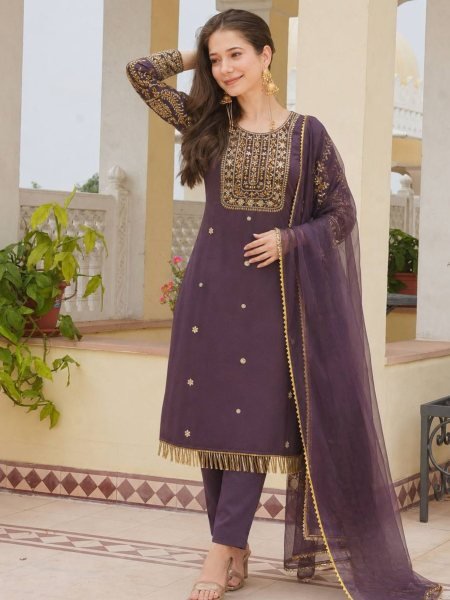 Luxurious Purple Roman Kurti 3 Piece Set With Beads Work At Factory to Customer Price Ready To Wear Suit